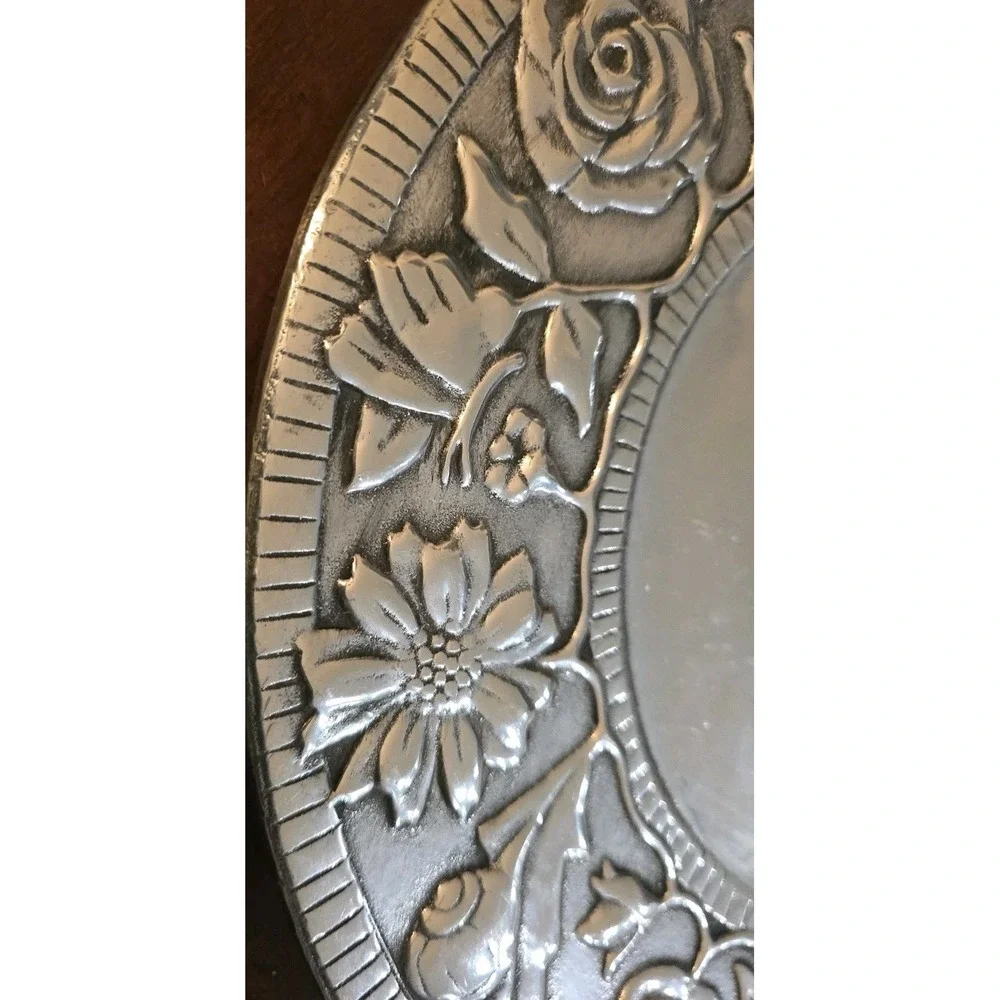 VTG 90s Wilton Armetale Garden Path Charger Plate Floral Bird Embossed Metal USA
